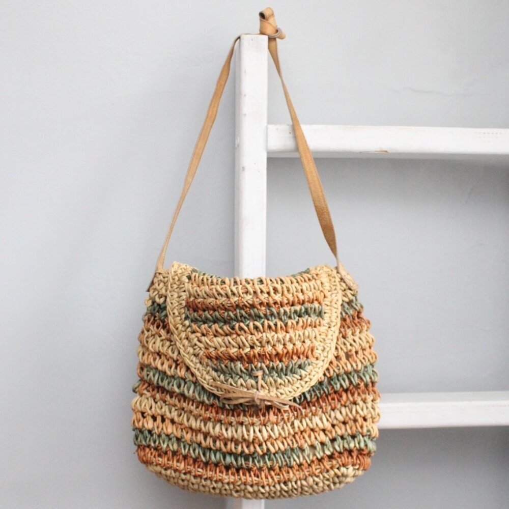 Vintage Crochet Cornhusk Leather Strap Large Striped Green Brown Satchel Purse